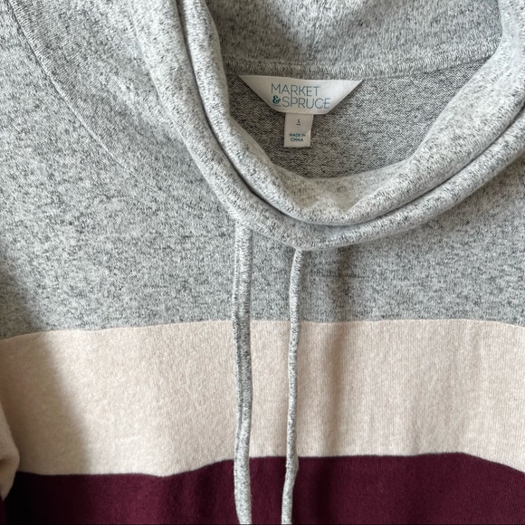 MARKET & SPRUCE Soft Curved Hem Colorblock Drawstring Cowl Neck Pullover Sweater - Picture 2 of 8